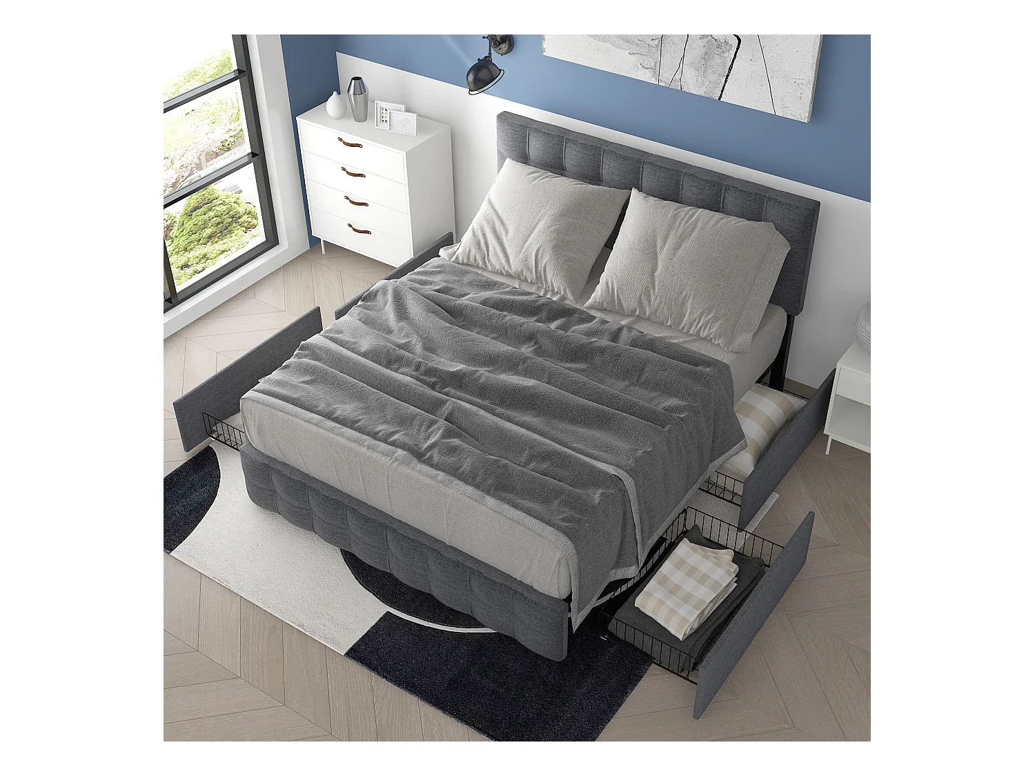 Lit adulte 140 x 200 cm lit avec 4 tiroirs et support en métal - tissu en lin Gris - sans matelas
