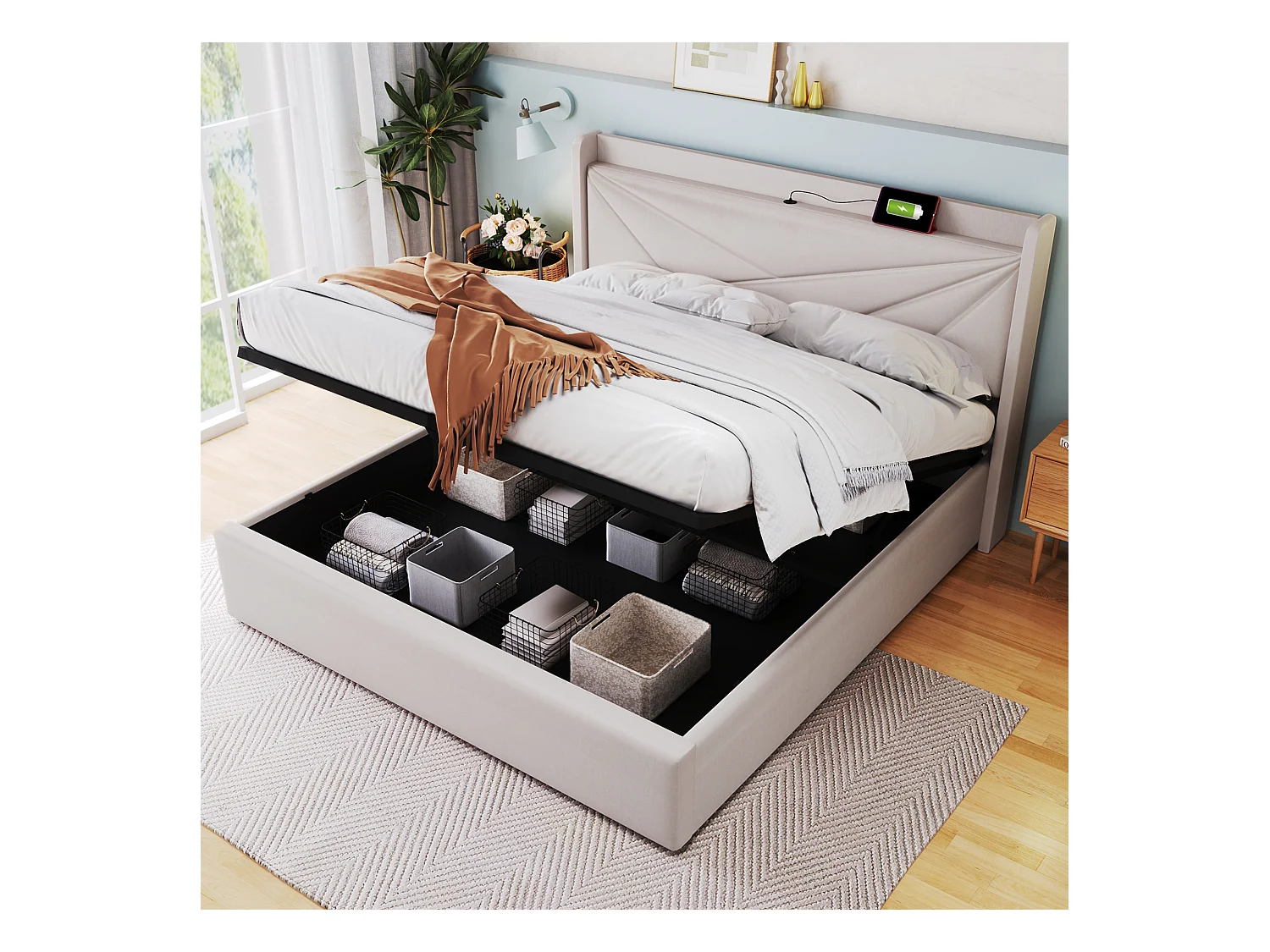 Lit coffre rembourré en Lin 180x200 cm avec USB type C - Beige(sans matelas)