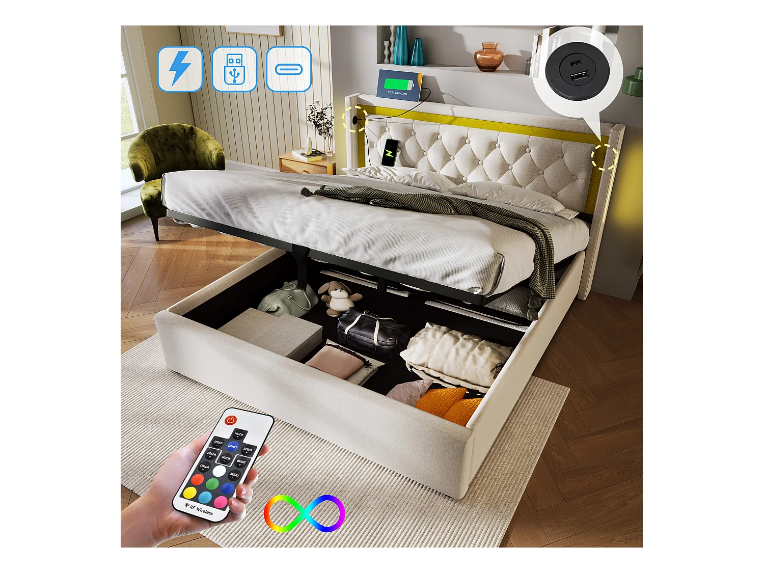 Lit coffre 140x200 cm - Lit adulte avec éclairage LED et recharge USB - coton beige - sans matelas
