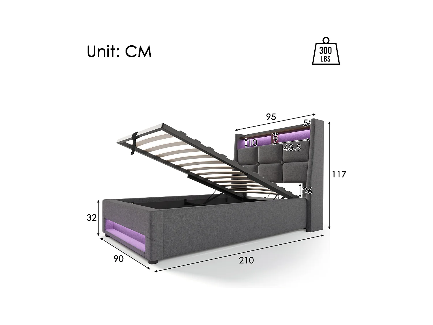 Bed met opbergruimte 90 x 200 cm - Grijs linnen - Kinderbed met USB-aansluiting en ledverlichting - Metalen frame - Zonder matras