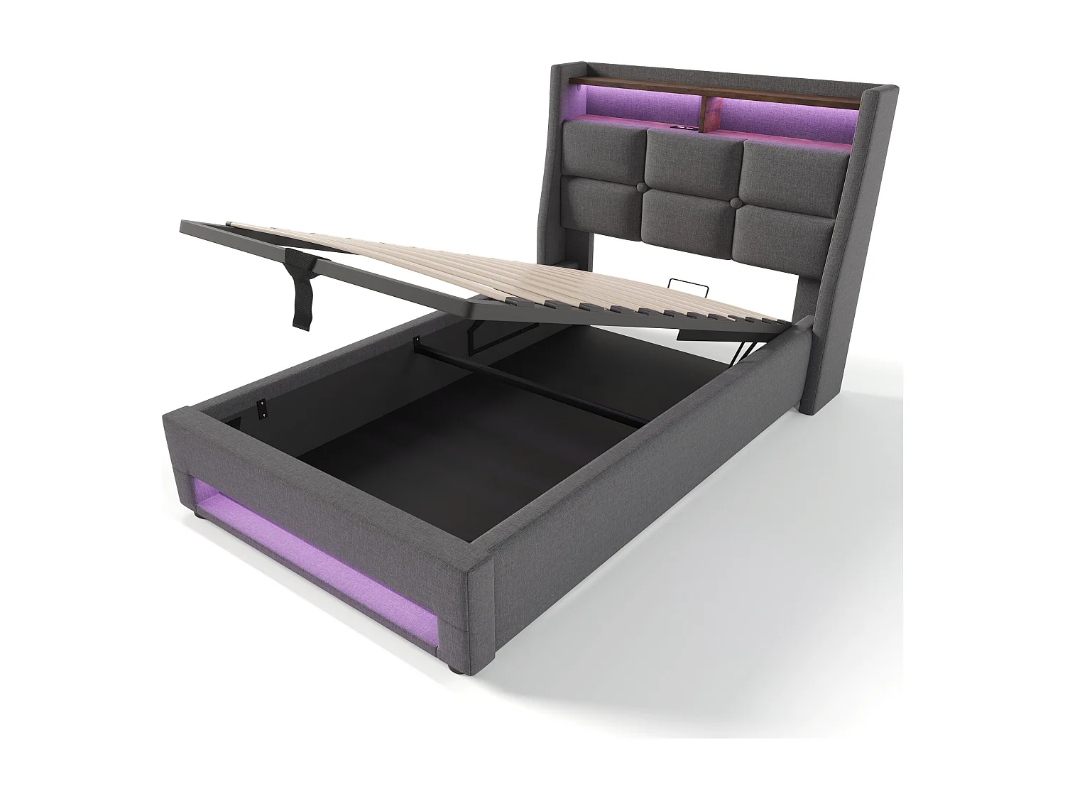 Bed met opbergruimte 90 x 200 cm - Grijs linnen - Kinderbed met USB-aansluiting en ledverlichting - Metalen frame - Zonder matras