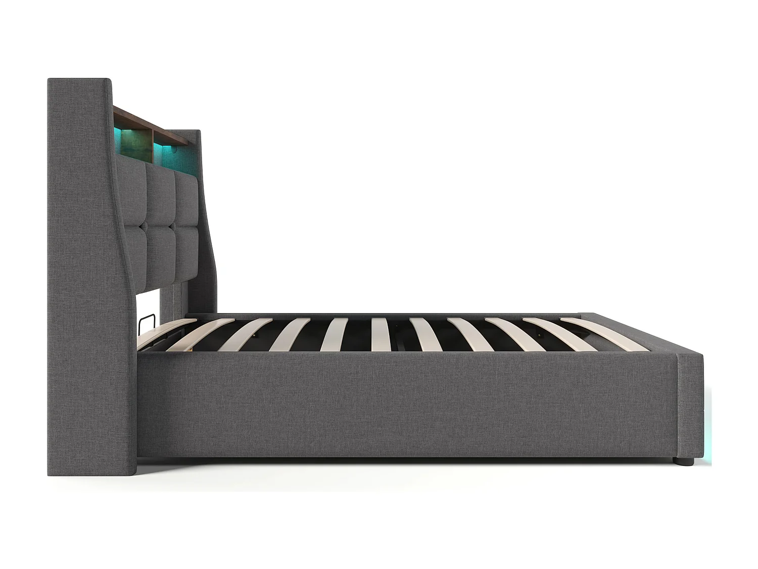 Bed met opbergruimte 90 x 200 cm - Grijs linnen - Kinderbed met USB-aansluiting en ledverlichting - Metalen frame - Zonder matras