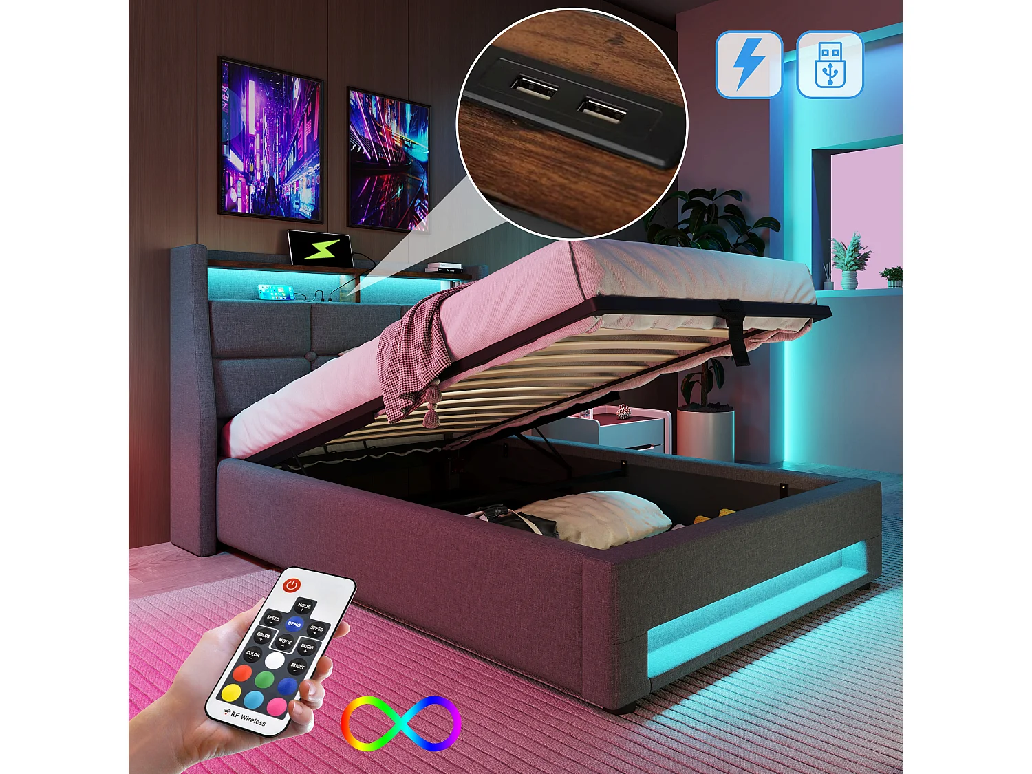 Lit coffre 90x200 cm - Lit simple avec LED et recharge USB - lin gris - sans matelas