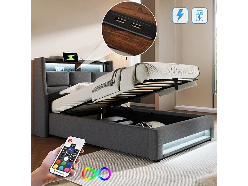 Letto imbottito con contenitore 90x200 cm - lino - con ricarica USB e illuminazione LED - grigio