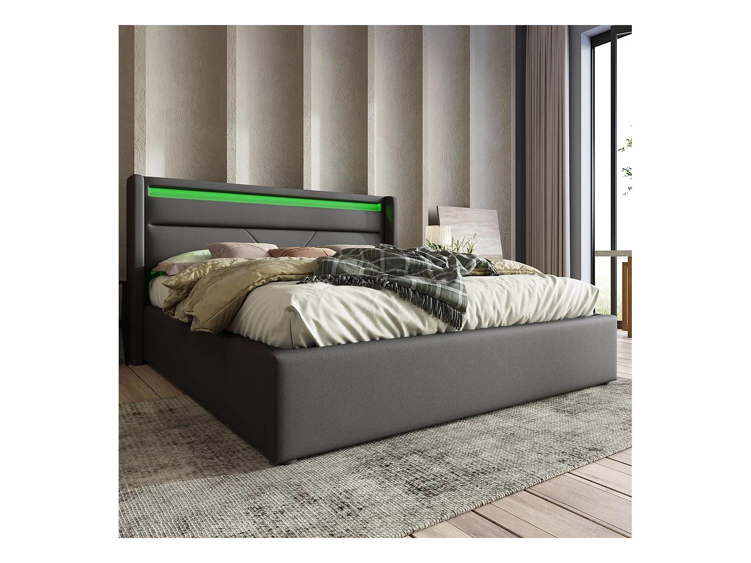 Bett mit Stauraum 160 x 200 cm – Graues PU – Bett mit einstellbarer LED-Beleuchtung – Lattenrost – Ohne Matratze