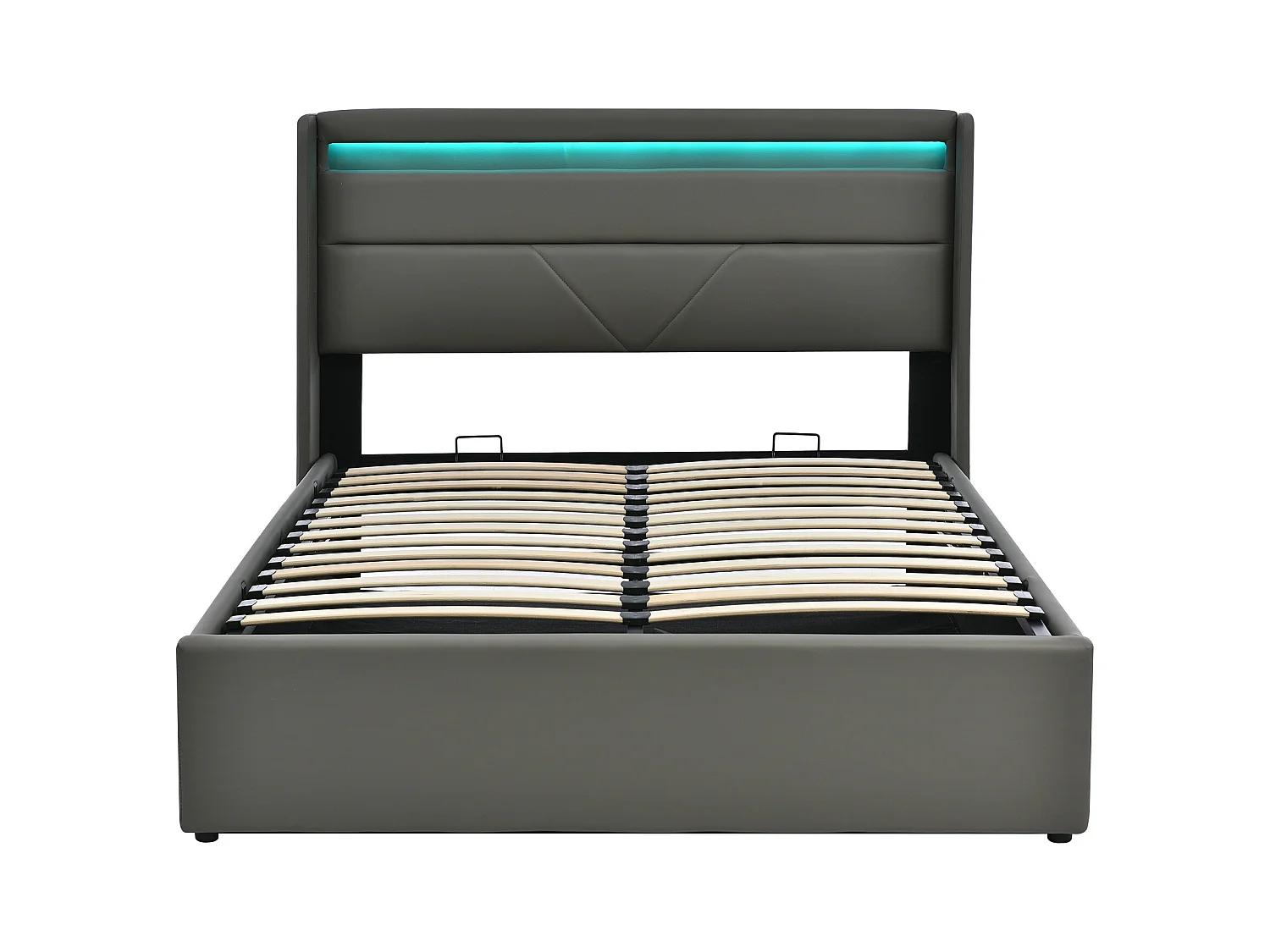 Bett mit Stauraum 160 x 200 cm – Graues PU – Bett mit einstellbarer LED-Beleuchtung – Lattenrost – Ohne Matratze