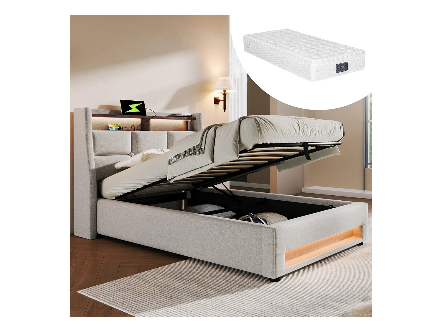Lit coffre 90x200 cm - Lit rembourré avec fonction de charge USB et lumière LED - Lin beige - avec matelas