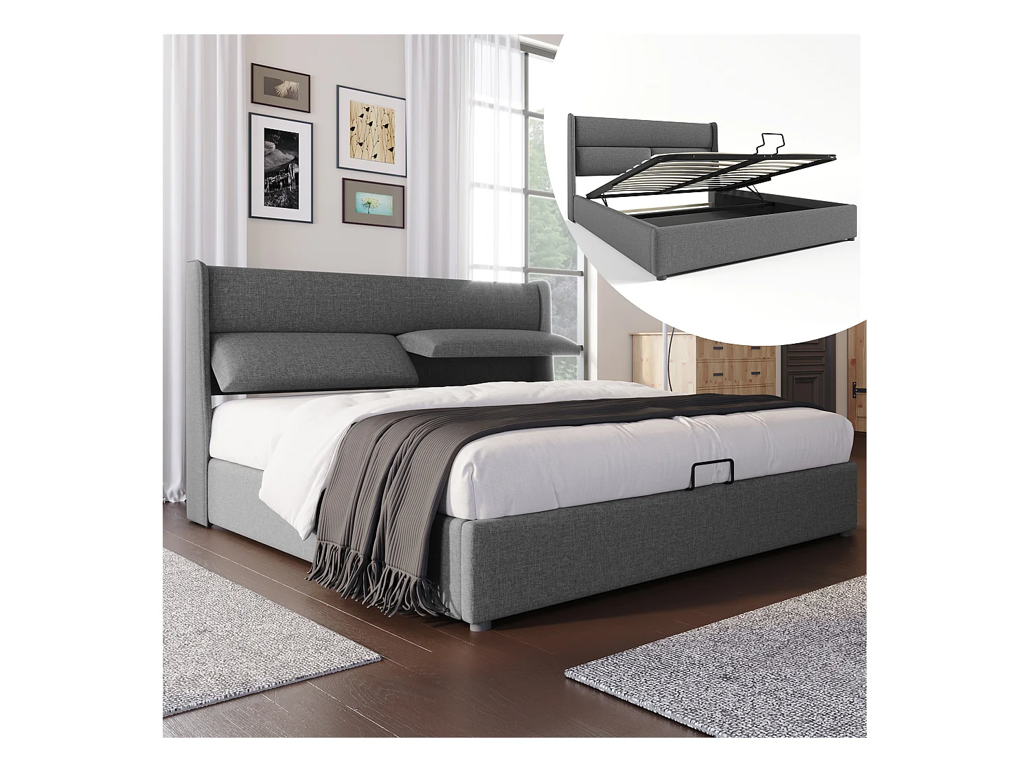 Lit coffre 160x200 cm - Lin gris - Lit double avec têtière réglable et sommier à lattes - Sans matelas