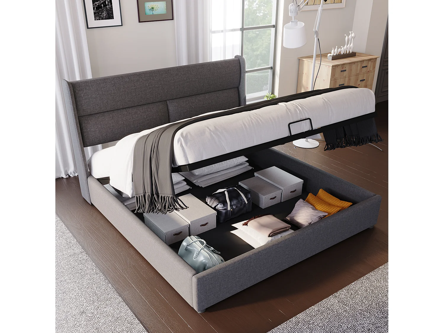 Lit coffre 160x200 cm - Lin gris - Lit double avec têtière réglable et sommier à lattes - Sans matelas