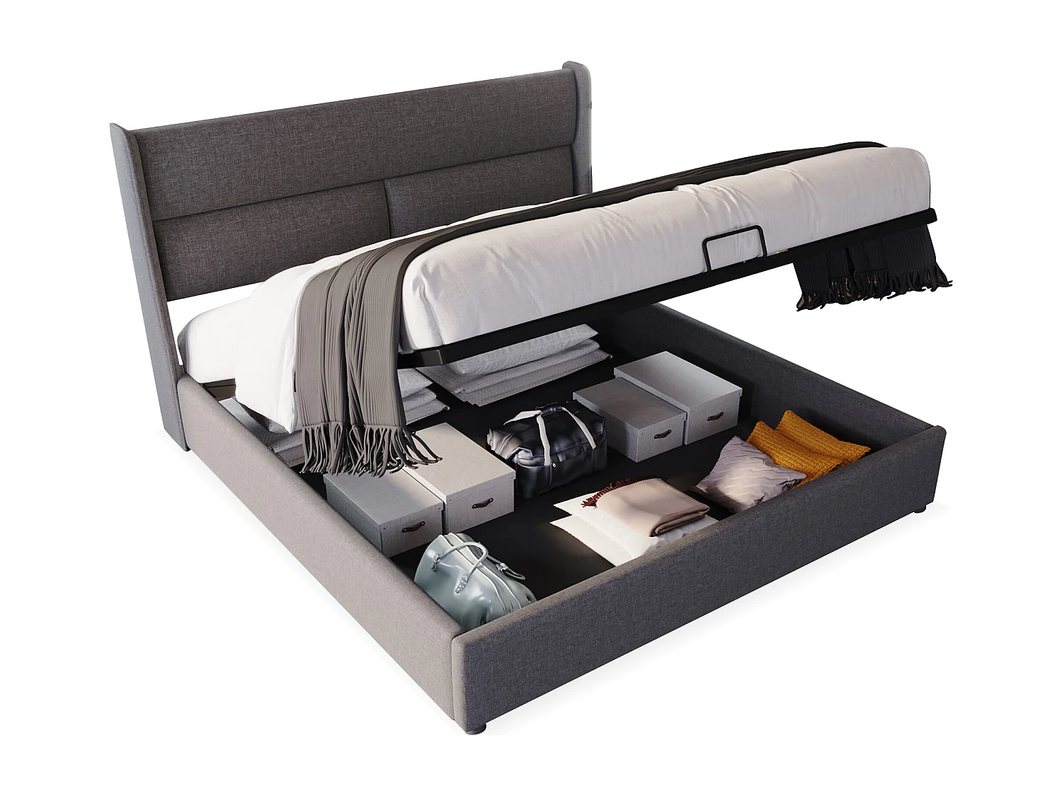 Lit coffre 160x200 cm - Lin gris - Lit double avec têtière réglable et sommier à lattes - Sans matelas