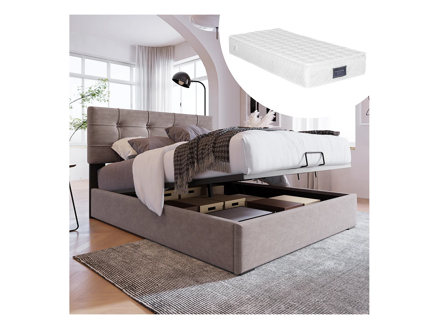 Lit coffre hydraulique rembourré 90x200 cm velours et métal - Gris clair(matelas inclus)