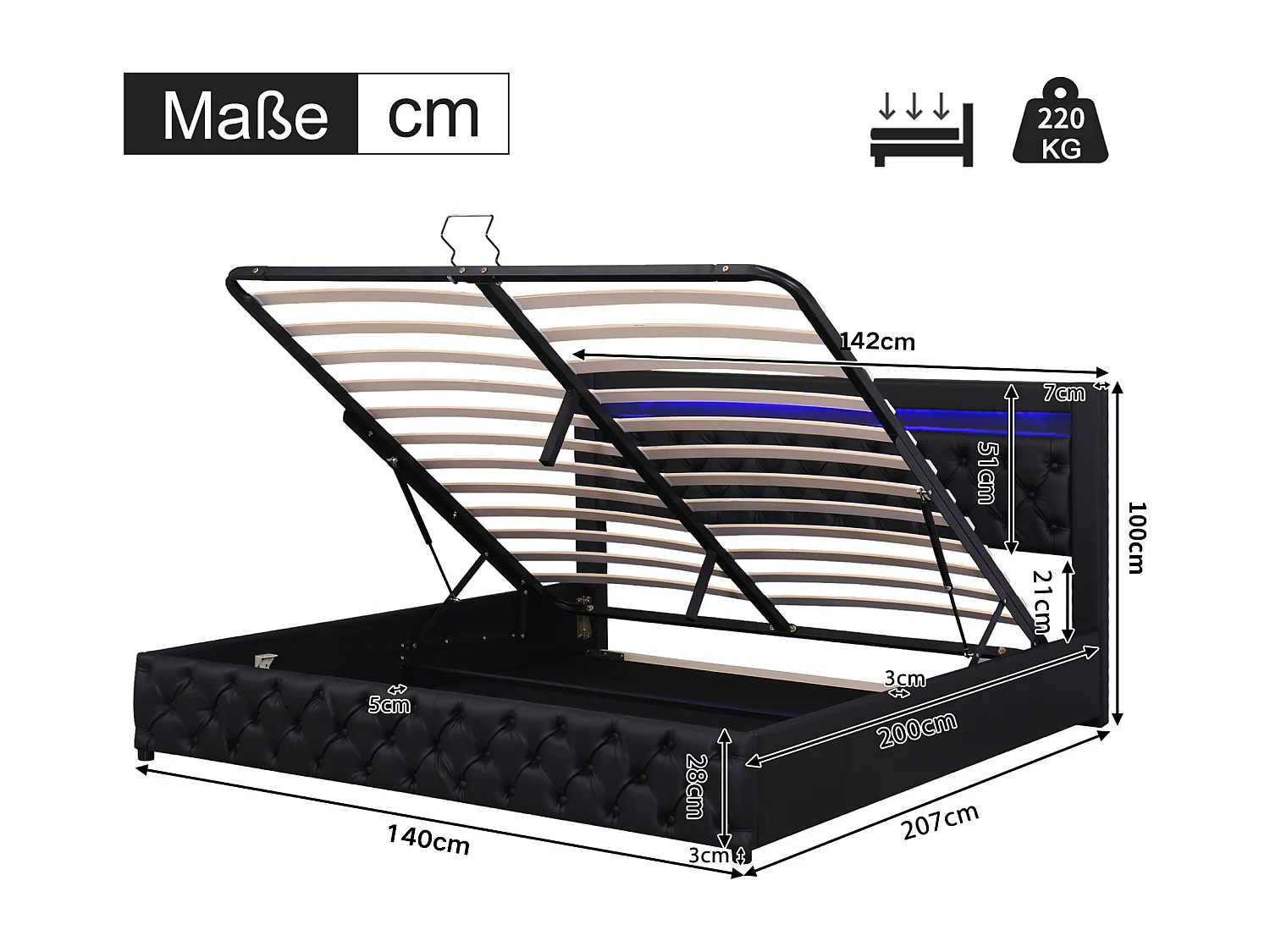 Lit coffre 140x200 cm, lit adulte double avec LED et prise USB - en PU noir - sans matelas