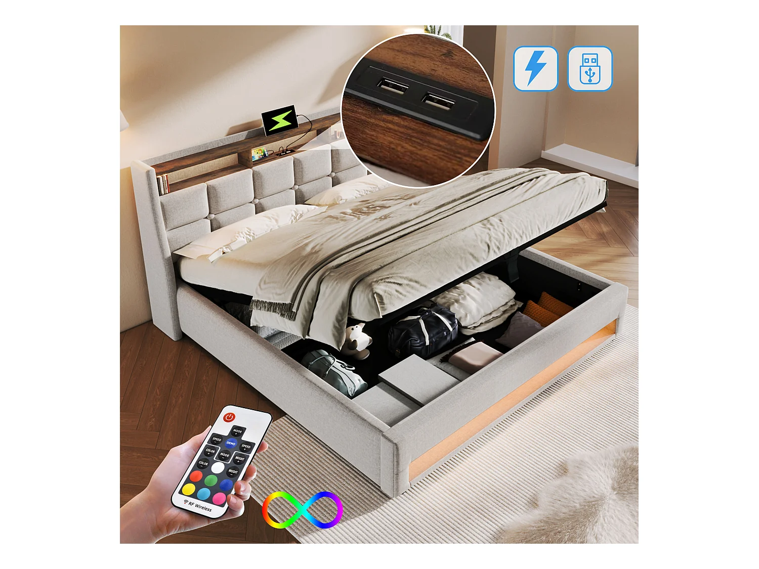 Lit coffre 140 x 200 cm - Lit adulte avec LED et recharge USB - sommier à lattes - lin beige - sans matelas