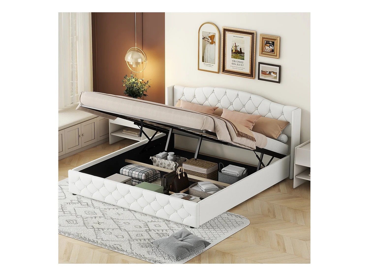 Lit coffre 180x200 cm, lit double avec sommier à lattes, lin beige - sans matelas