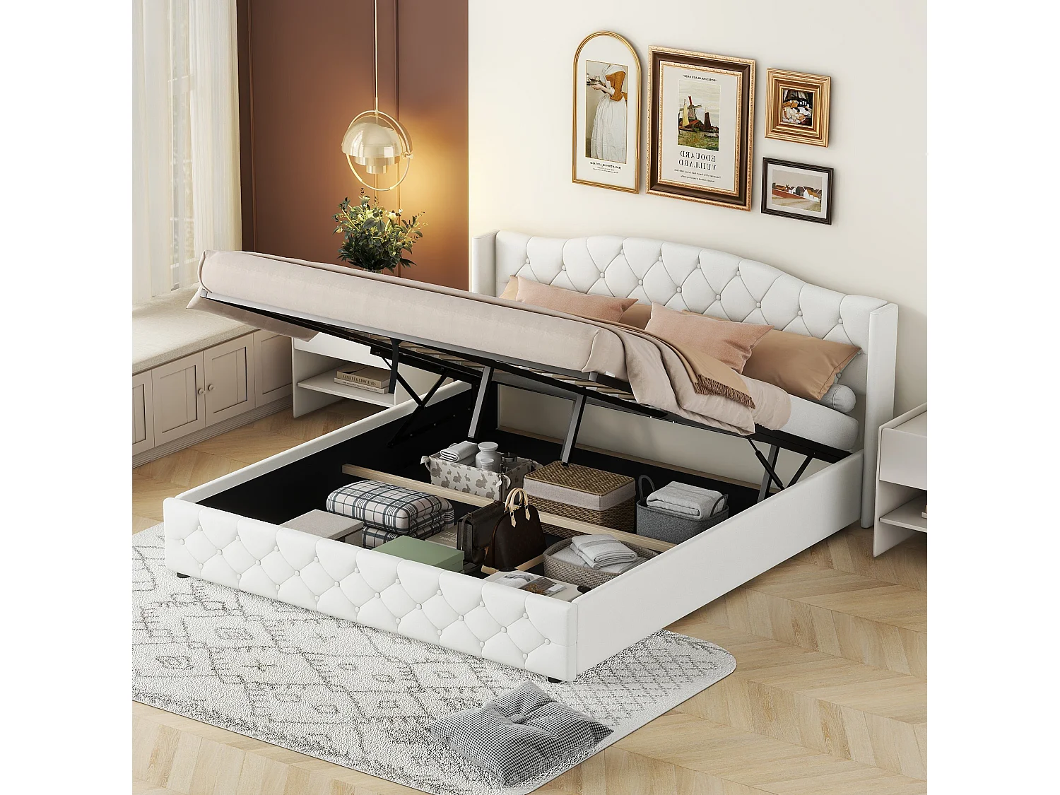 Lit coffre 180x200 cm, lit double avec sommier à lattes, lin beige - sans matelas