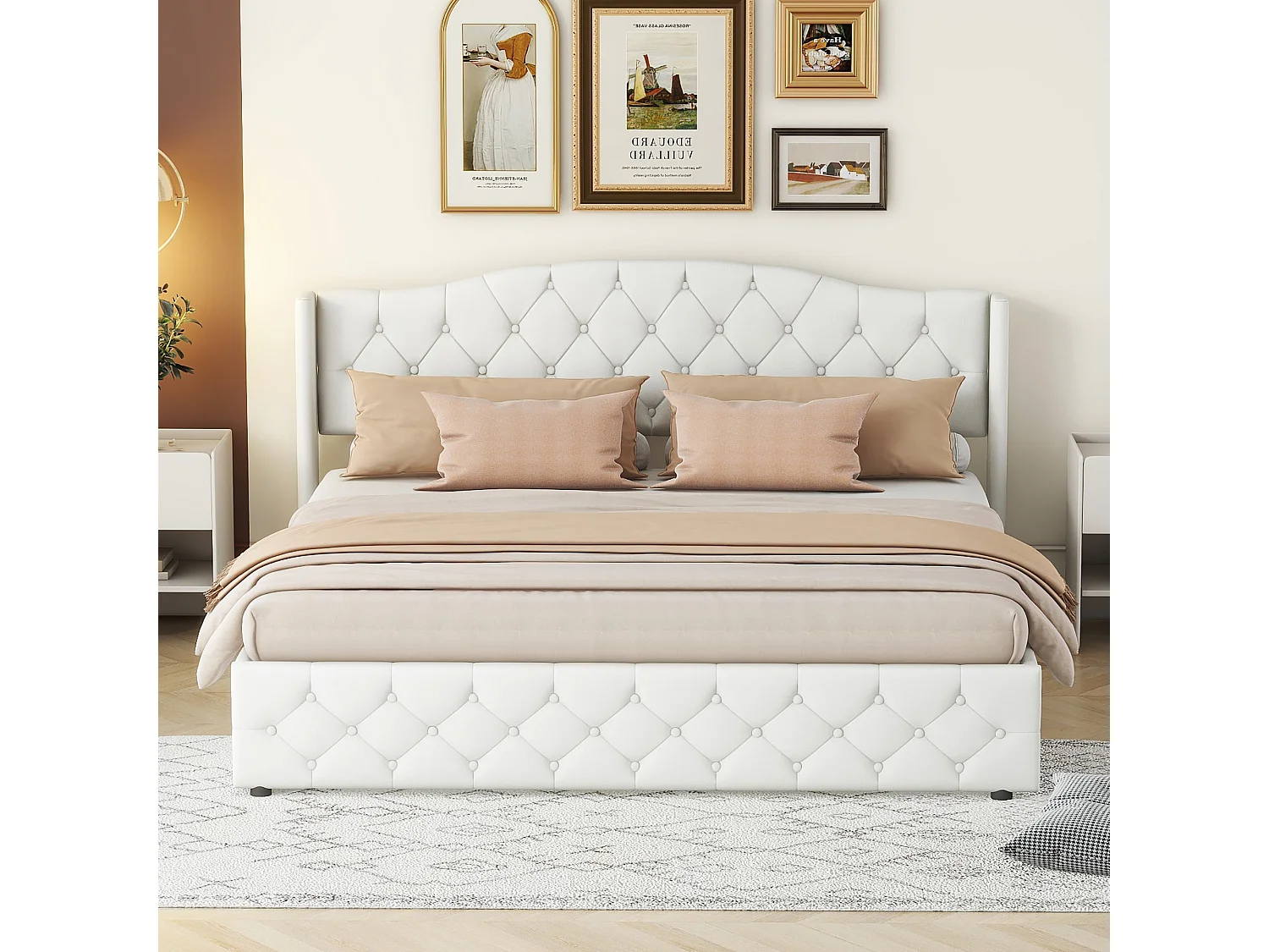 Lit coffre 180x200 cm, lit double avec sommier à lattes, lin beige - sans matelas