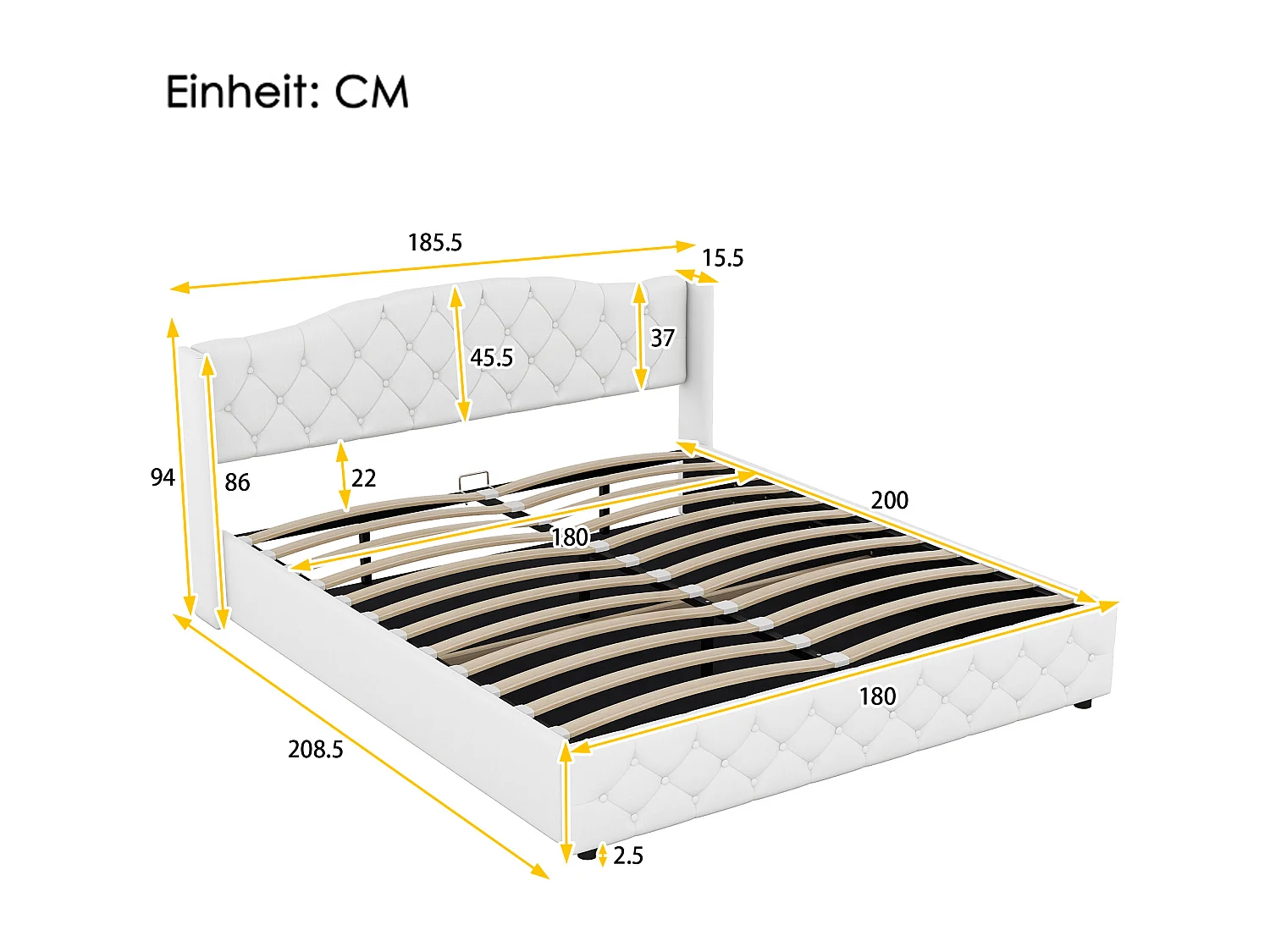 Lit coffre 180x200 cm, lit double avec sommier à lattes, lin beige - sans matelas