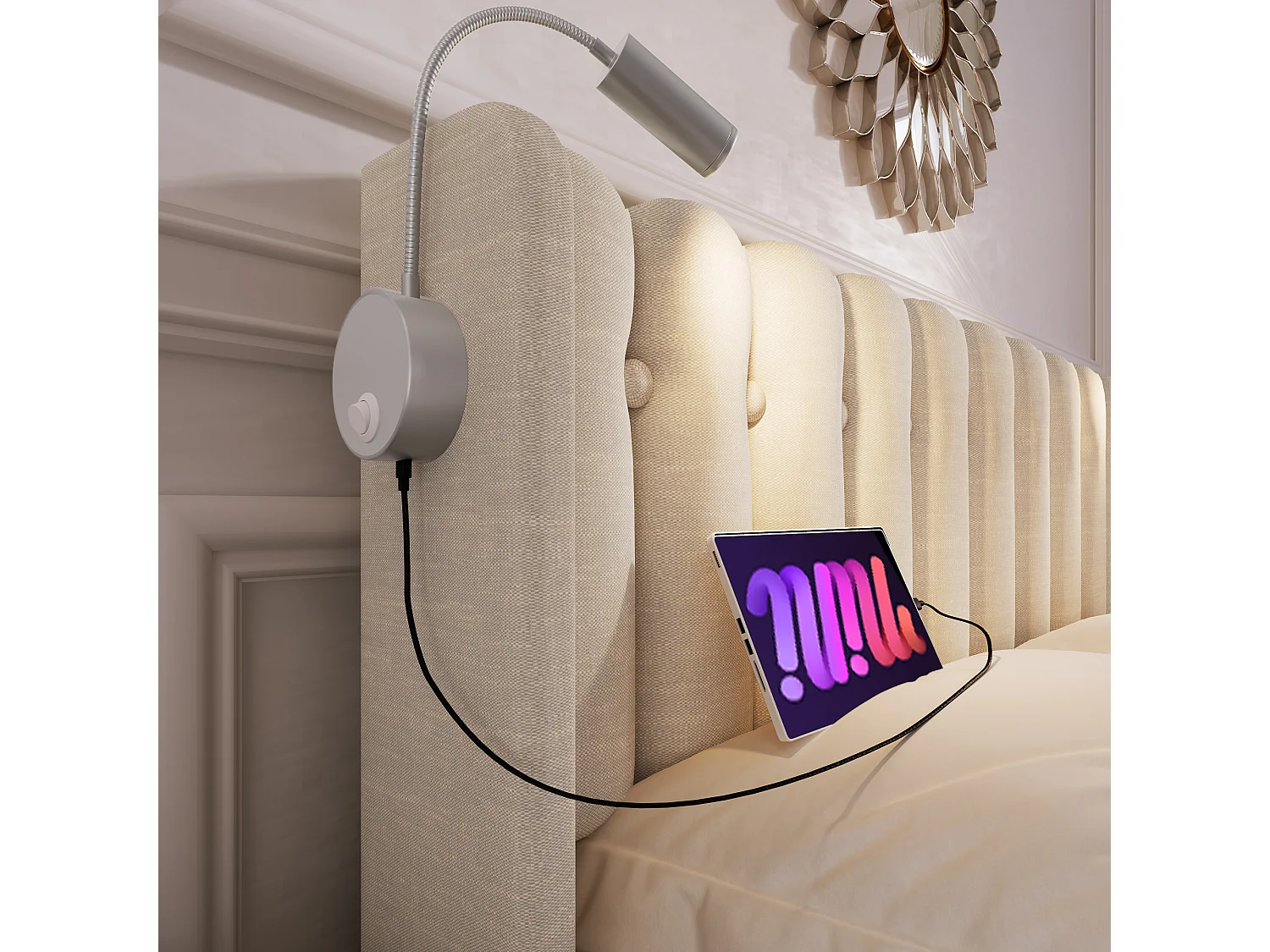 Lit coffre 140x200 cm - Lit adulte avec liseuse rechargeable - Lin naturel - sans matelas