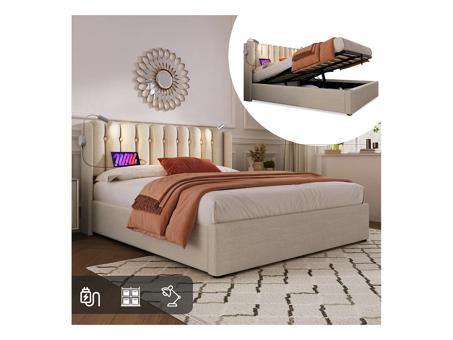 Lit coffre 140x200 cm - Lit adulte avec liseuse rechargeable - Lin naturel - sans matelas