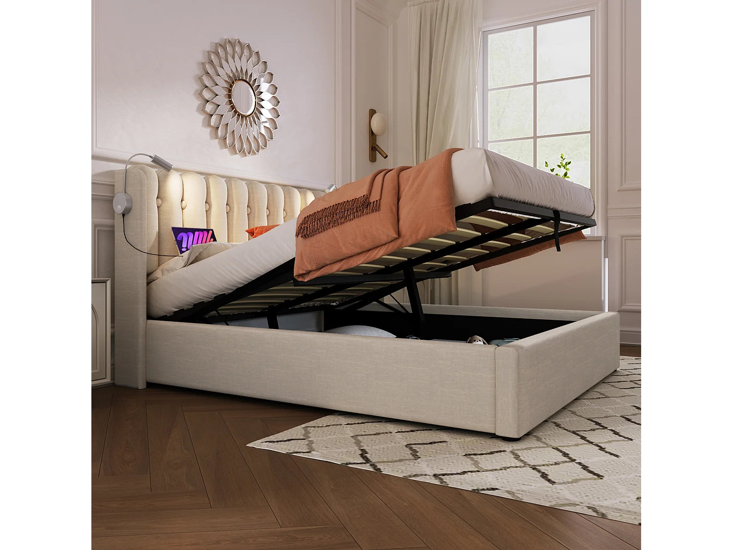 Bed met opbergruimte 140x200 cm - Natuurlijk linnen - Tienerbed met leeslampje en oplaadfunctie - zonder matras