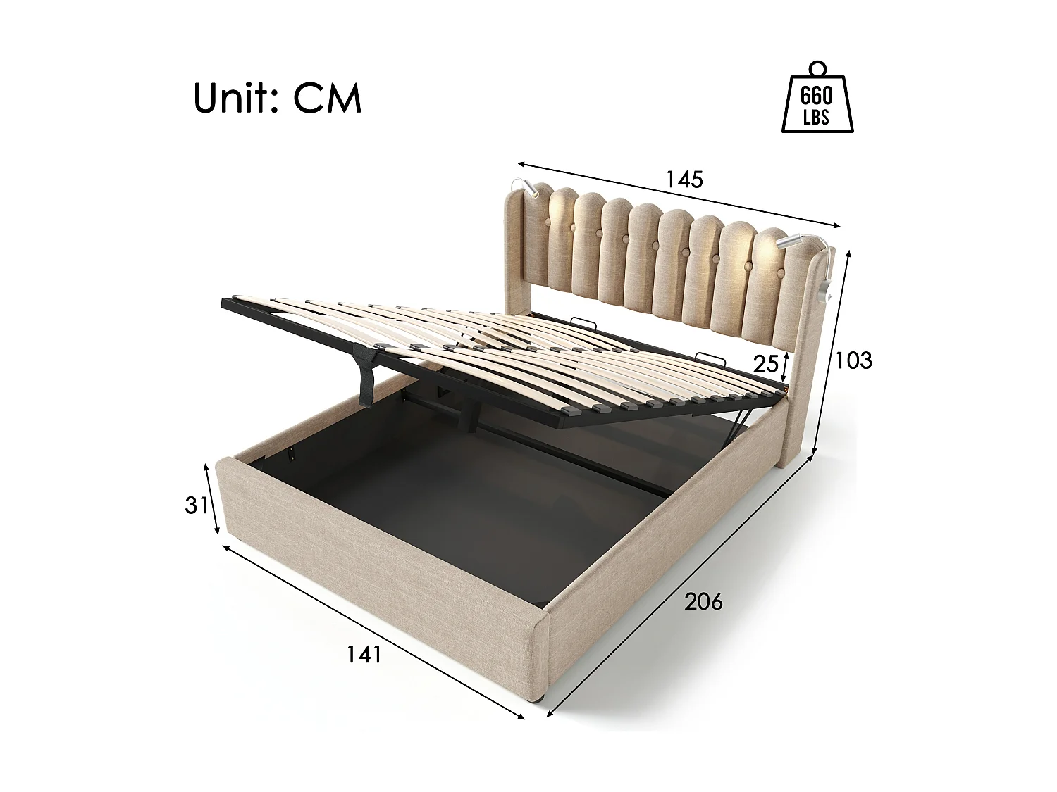 Bed met opbergruimte 140x200 cm - Natuurlijk linnen - Tienerbed met leeslampje en oplaadfunctie - zonder matras