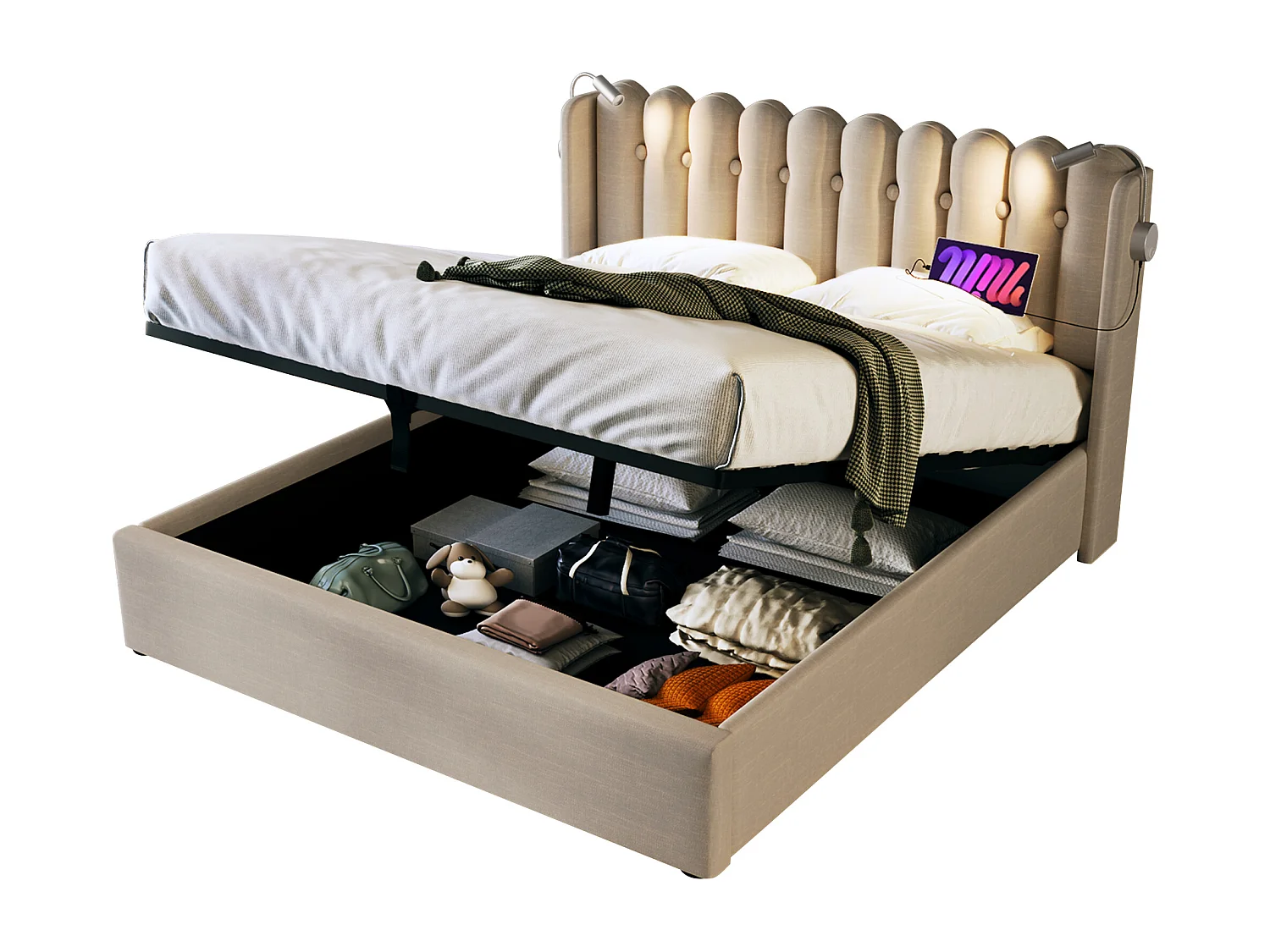 Bed met opbergruimte 140x200 cm - Natuurlijk linnen - Tienerbed met leeslampje en oplaadfunctie - zonder matras