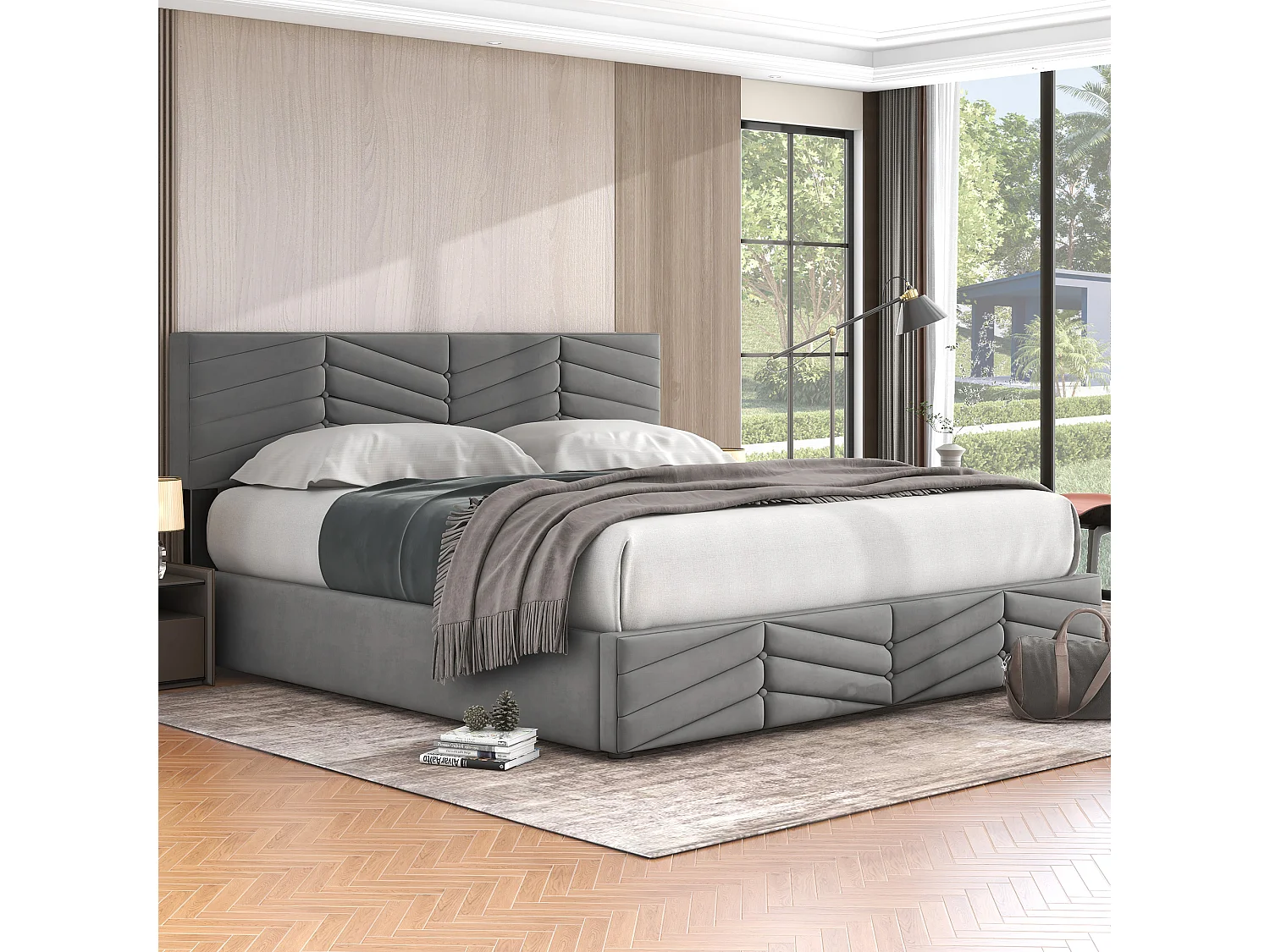 Lit coffre 180x200 cm lit adulte avec style rayures et tête de lit capitonné - velours gris - sans matelas