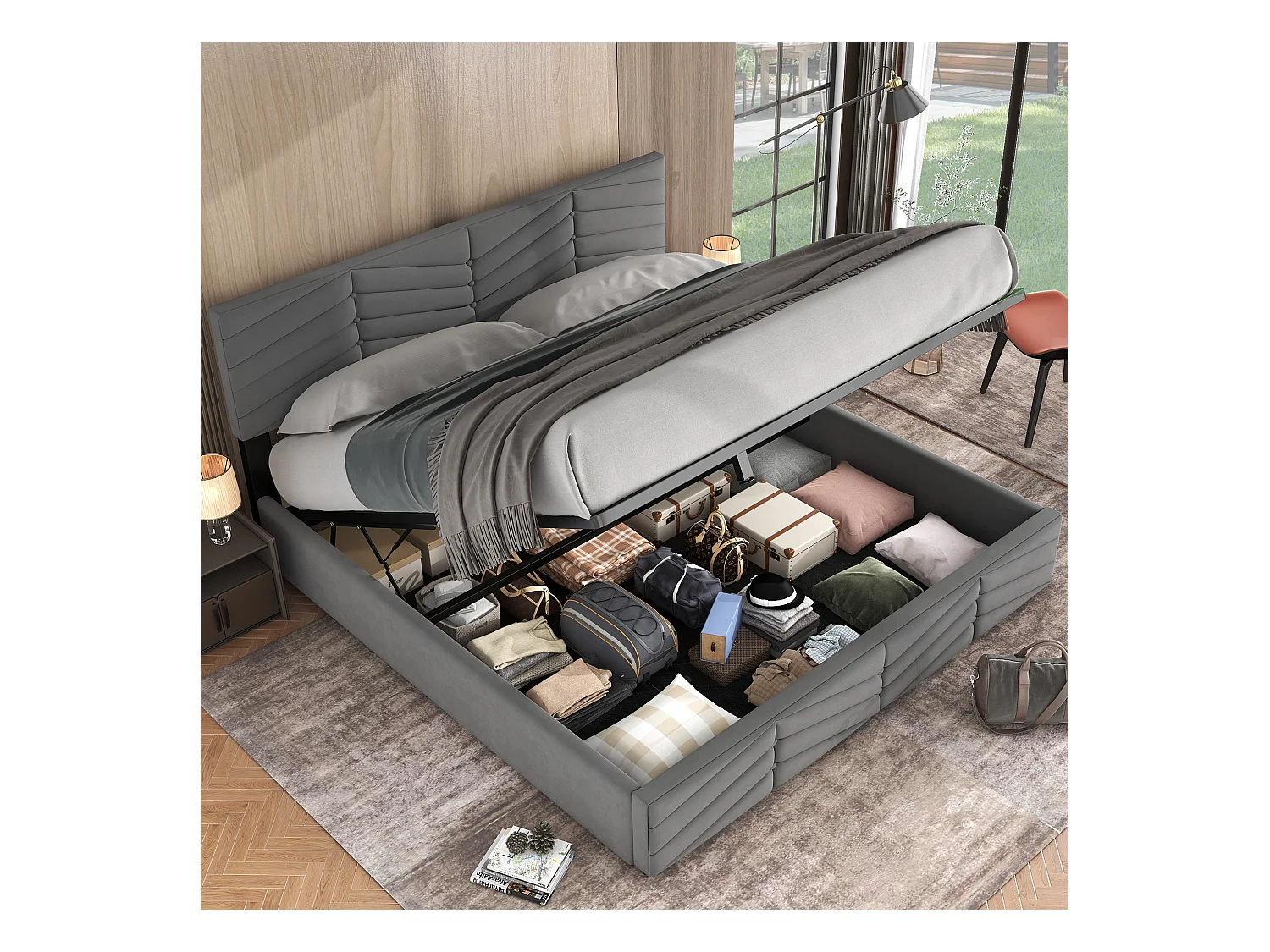 Lit coffre 180x200 cm lit adulte avec style rayures et tête de lit capitonné - velours gris - sans matelas