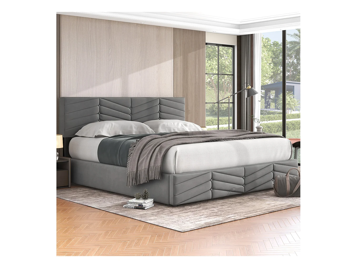 Lit coffre 180x200 cm lit adulte avec style rayures et tête de lit capitonné - velours gris - sans matelas