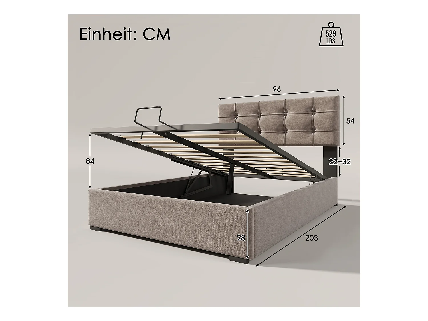 Bett mit Stauraum 90 x 200 cm – hellgrauer Samt – Kinderbett mit verstellbarem Kopfteil und Metallrahmen – ohne Matratze