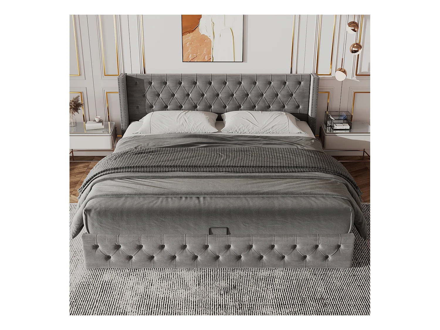 Lit coffre 160x200 cm Lit adulte double avec fond imperméable - velours gris - sans matelas