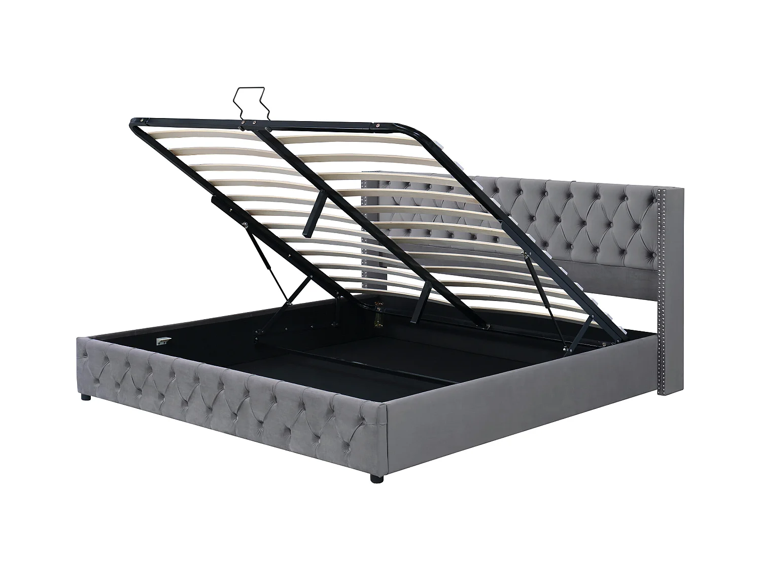 Bett mit Stauraum 160 x 200 cm – grauer Samt – Bett mit Stauraum, geknöpftem Kopfteil und Lattenrost – ohne Matratze