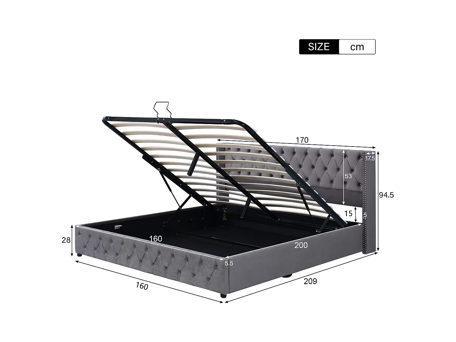 Bett mit Stauraum 160 x 200 cm – grauer Samt – Bett mit Stauraum, geknöpftem Kopfteil und Lattenrost – ohne Matratze