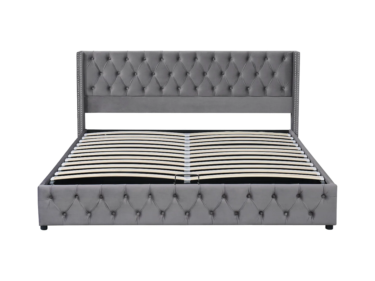 Bett mit Stauraum 160 x 200 cm – grauer Samt – Bett mit Stauraum, geknöpftem Kopfteil und Lattenrost – ohne Matratze