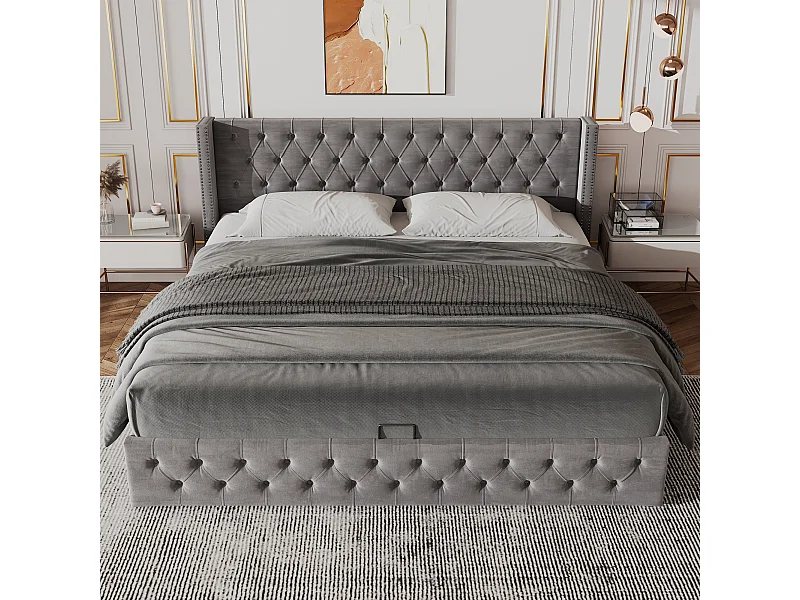 Bett mit Stauraum 160 x 200 cm – grauer Samt – Bett mit Stauraum, geknöpftem Kopfteil und Lattenrost – ohne Matratze