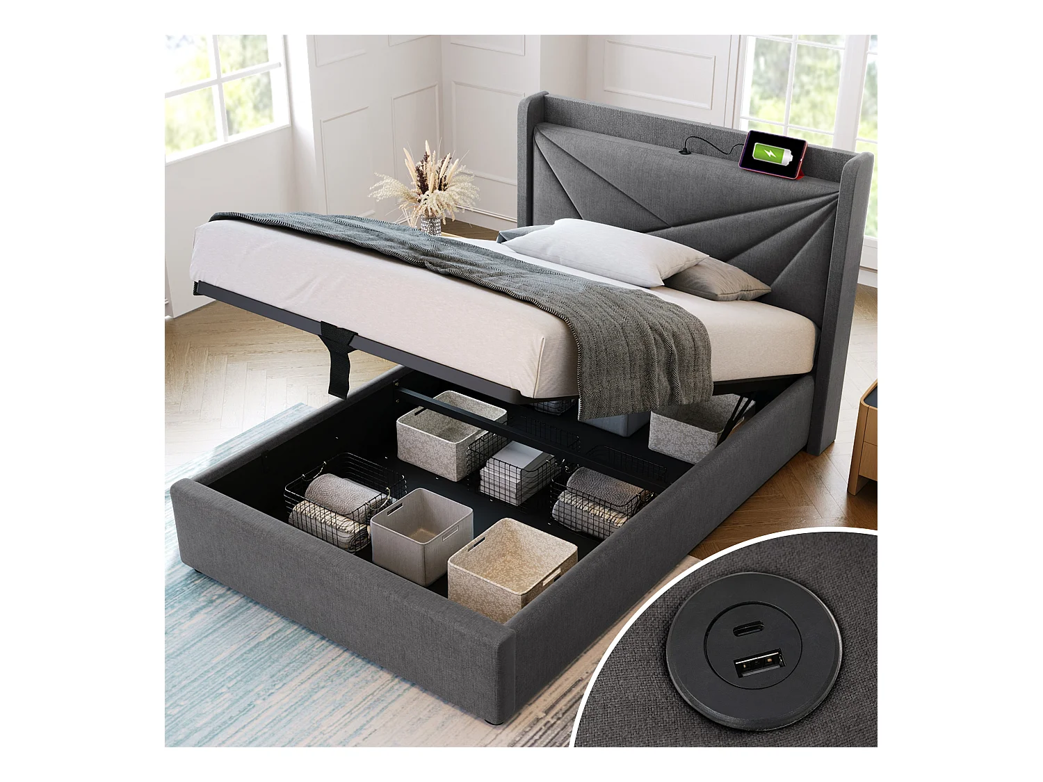 Lit coffre 90x200 cm - Lit simple avec fonction de charge USB Type C - Lin gris - Sans matelas