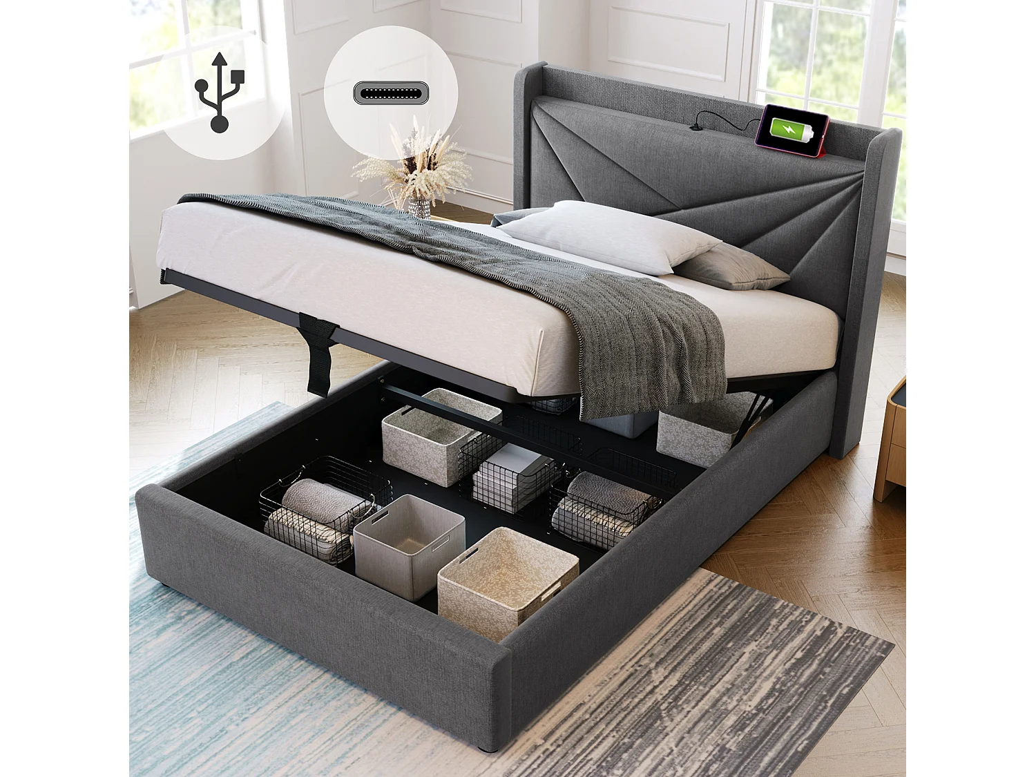 Lit coffre 90x200 cm - Lit simple avec fonction de charge USB Type C - Lin gris - Sans matelas