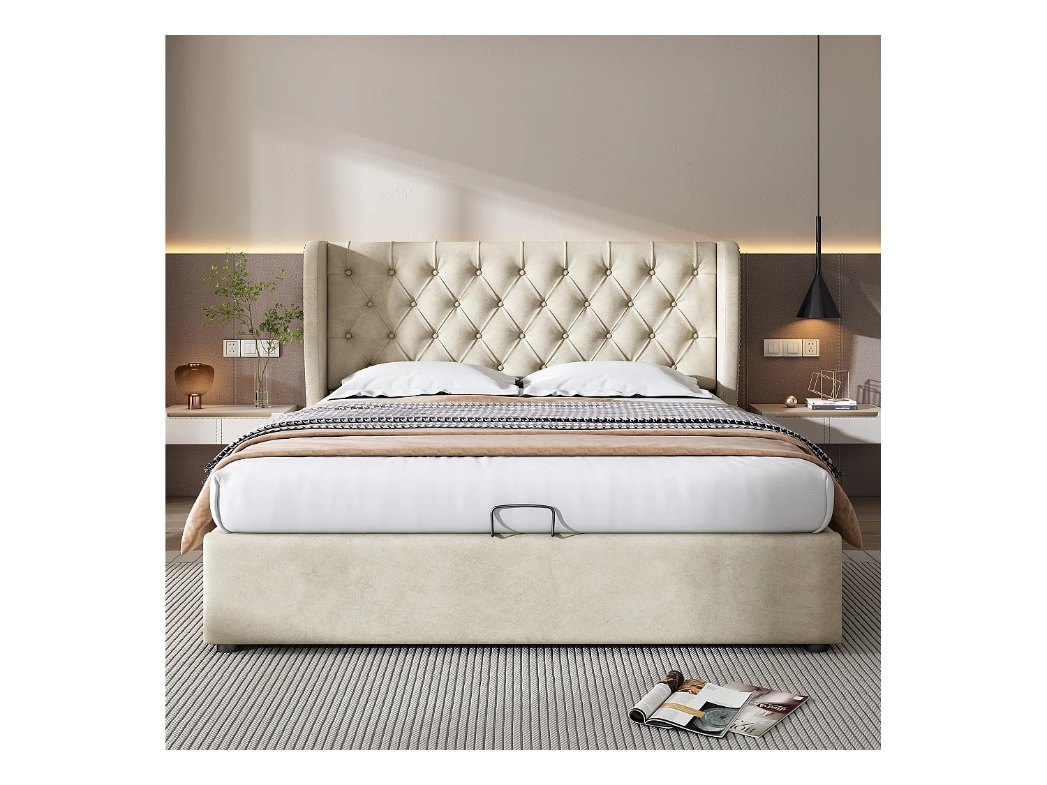 Bett mit Stauraum 140 x 200 cm – Beigefarbener Samt – Erwachsenenbett mit gepolstertem Kopfteil und Lattenrost – Ohne Matratze