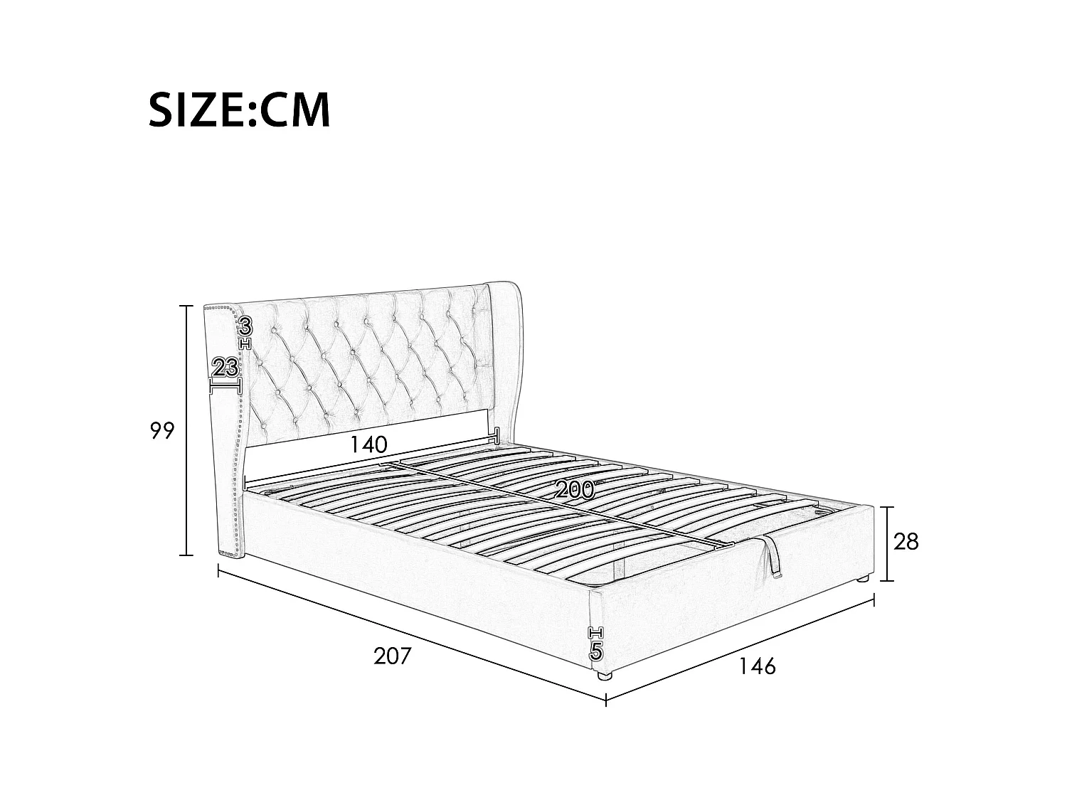 Bett mit Stauraum 140 x 200 cm – Beigefarbener Samt – Erwachsenenbett mit gepolstertem Kopfteil und Lattenrost – Ohne Matratze