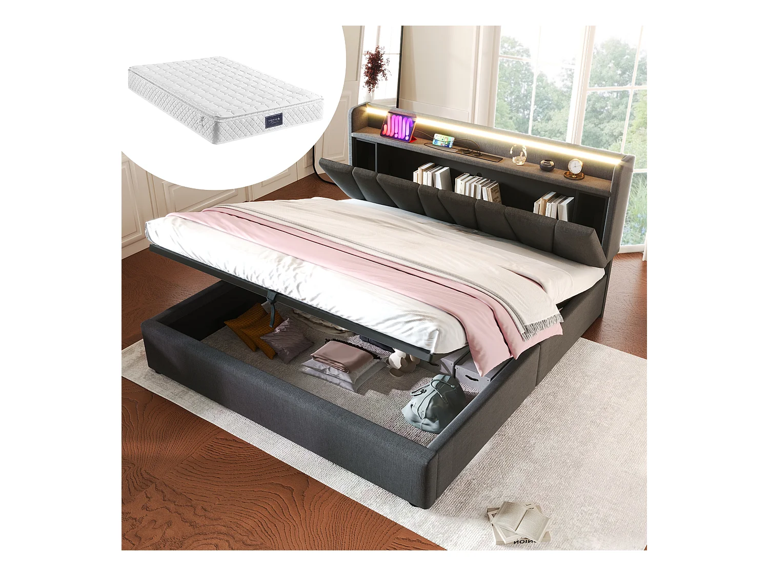 Lit coffre 140x200 cm - Lit adulte avec LED et recharge USB - lin gris - avec matelas