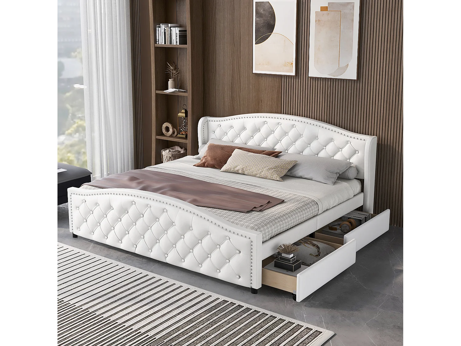 Lit adulte 180x200 cm lit double avec 2 tiroirs et tête de lit Riveté - cuir artificiel blanc - sans matelas
