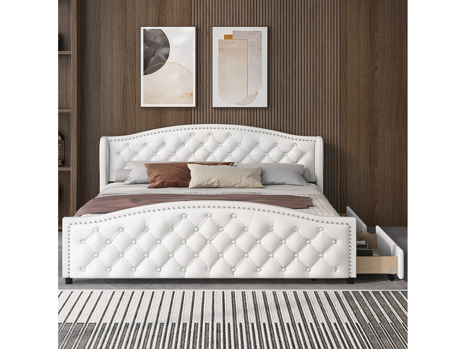 Lit adulte 180x200 cm lit double avec 2 tiroirs et tête de lit Riveté - cuir artificiel blanc - sans matelas