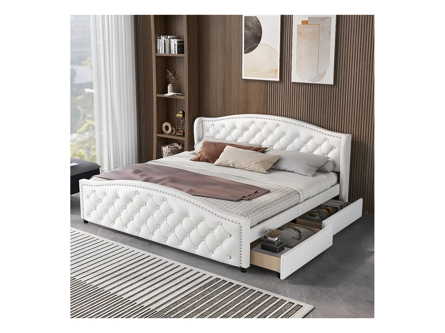 Lit adulte 180x200 cm lit double avec 2 tiroirs et tête de lit Riveté - cuir artificiel blanc - sans matelas