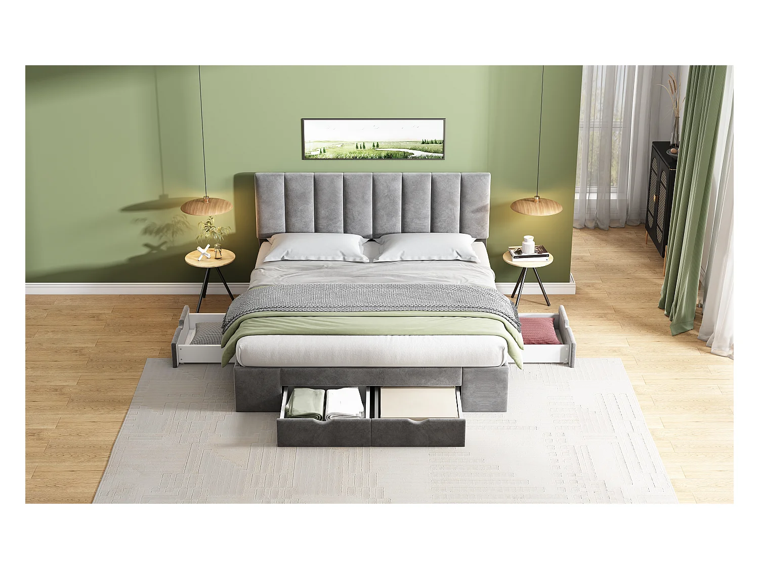 Lit double 160x200 cm, velours gris, lit adulte avec 4 tiroirs et sommier à lattes, sans matelas