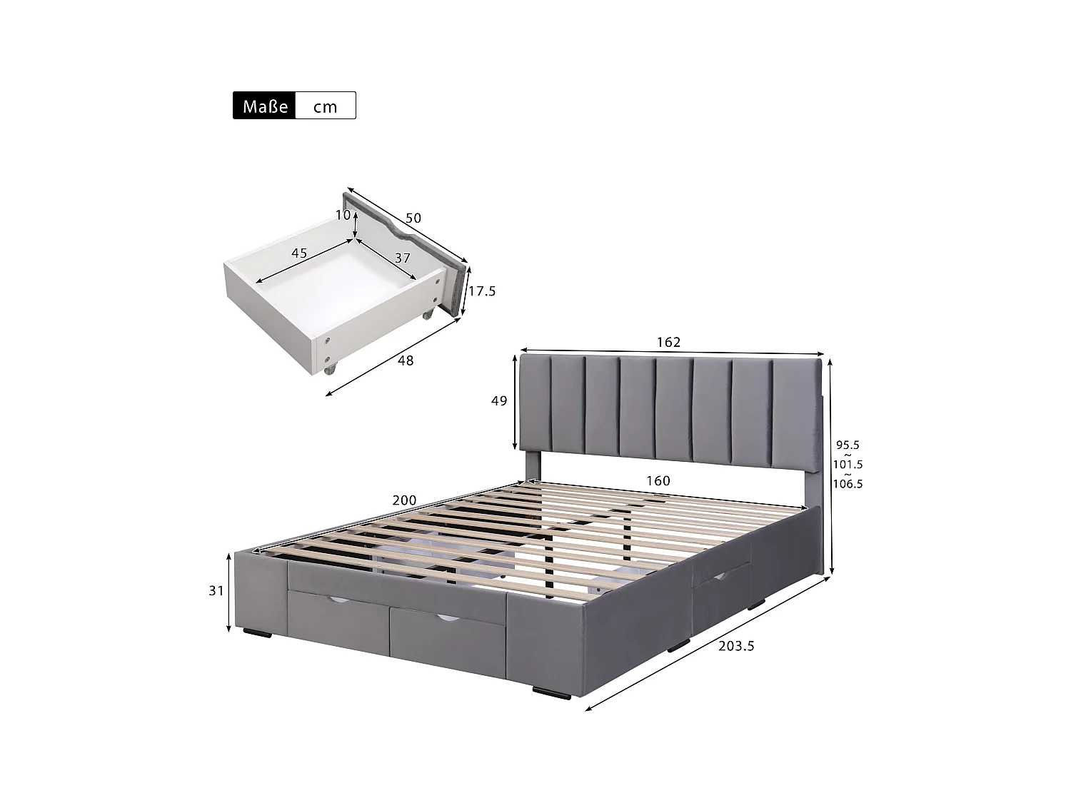 Lit double 160x200 cm, velours gris, lit adulte avec 4 tiroirs et sommier à lattes, sans matelas