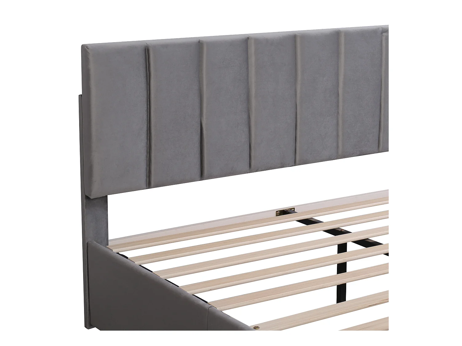 Lit double 160x200 cm, velours gris, lit adulte avec 4 tiroirs et sommier à lattes, sans matelas