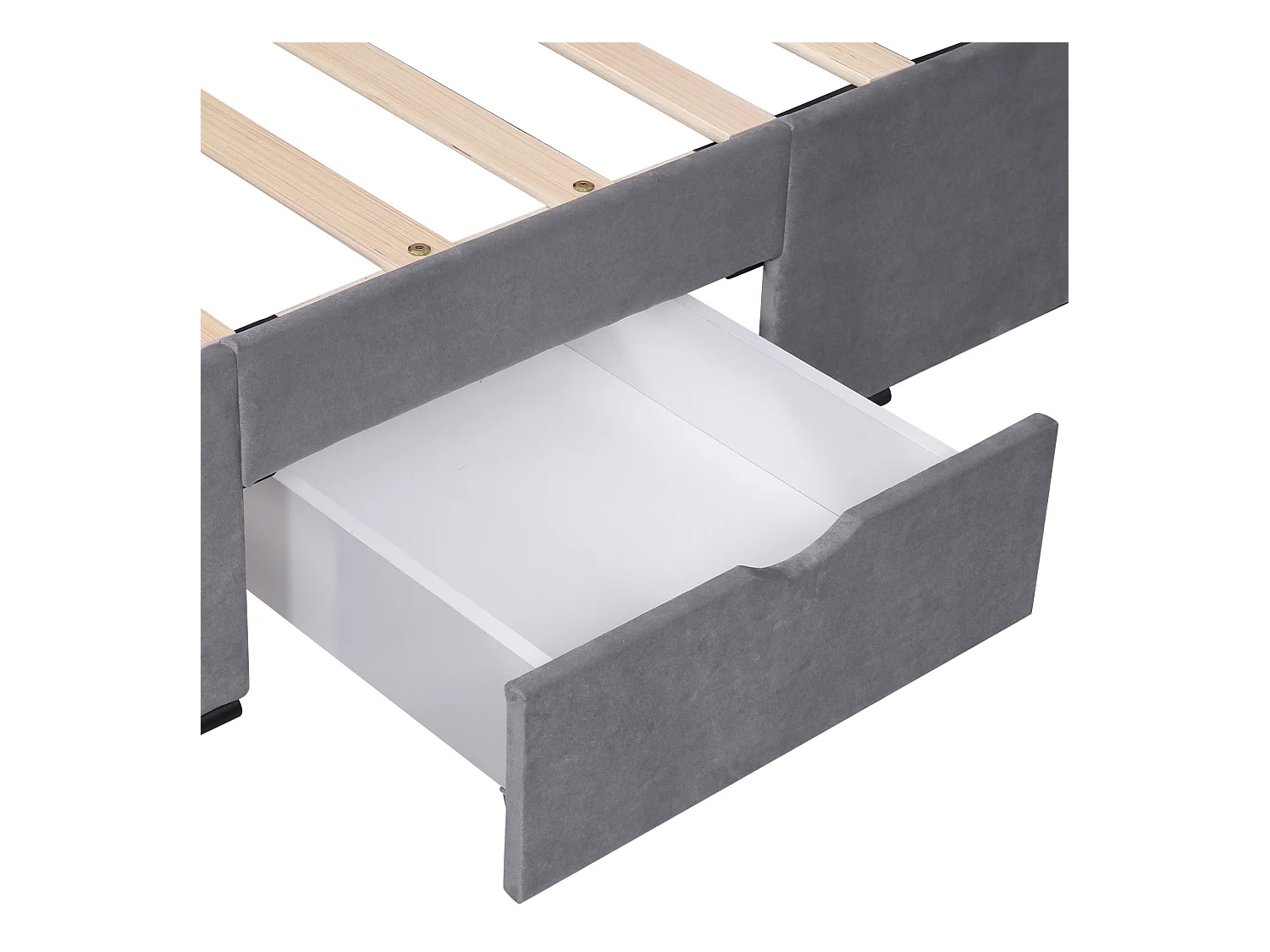Lit double 160x200 cm, velours gris, lit adulte avec 4 tiroirs et sommier à lattes, sans matelas