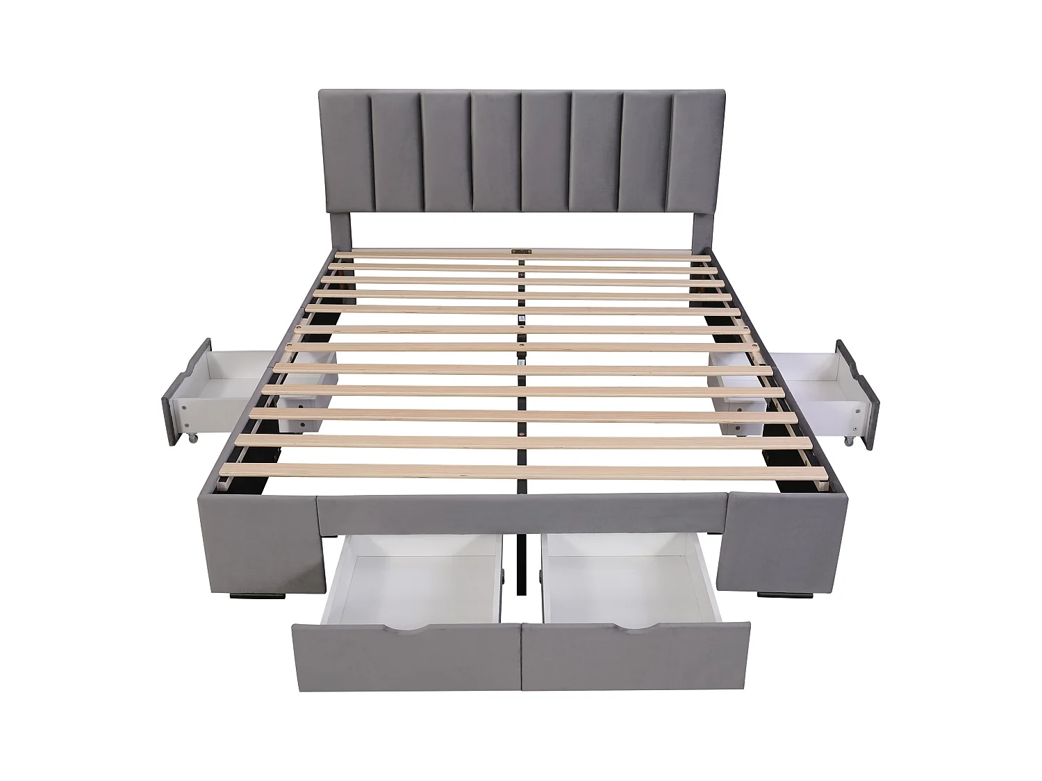 Lit double 160x200 cm, velours gris, lit adulte avec 4 tiroirs et sommier à lattes, sans matelas