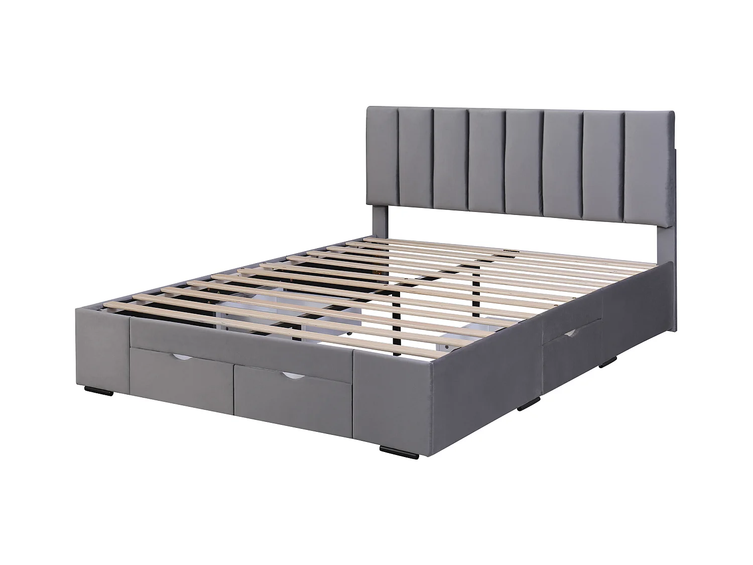 Lit double 160x200 cm, velours gris, lit adulte avec 4 tiroirs et sommier à lattes, sans matelas
