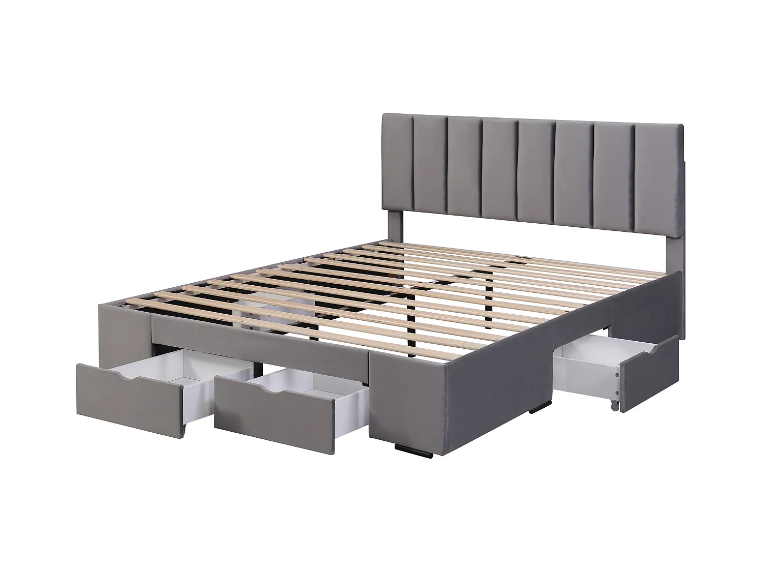 Lit double 160x200 cm, velours gris, lit adulte avec 4 tiroirs et sommier à lattes, sans matelas